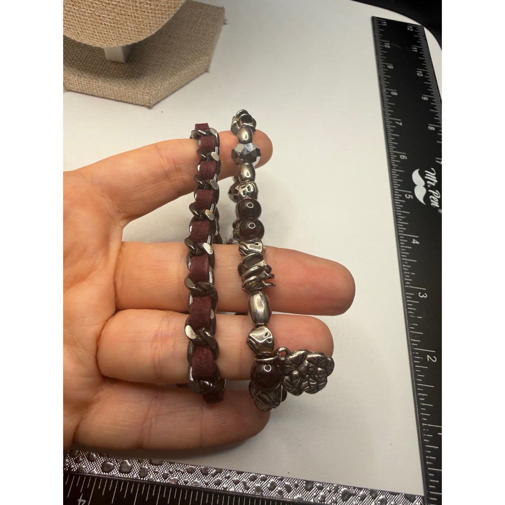 Burgundy Gunmetal Chain and Beaded Bracelet‎ Set Tassel Crystal Charms Boho 2pc